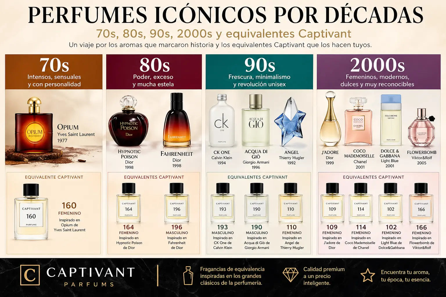 Perfumes icónicos por décadas (70s, 80s, 90s, 2000s) y equivalentes Captivant