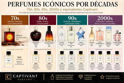 Perfumes icónicos por décadas (70s, 80s, 90s, 2000s) y equivalentes Captivant